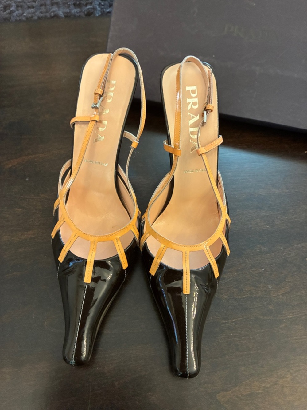 Rare Y2K Prada sexy EUC Black Patent + Magnolia coral Strappy Slingback. 37 - Picture 15 of 16